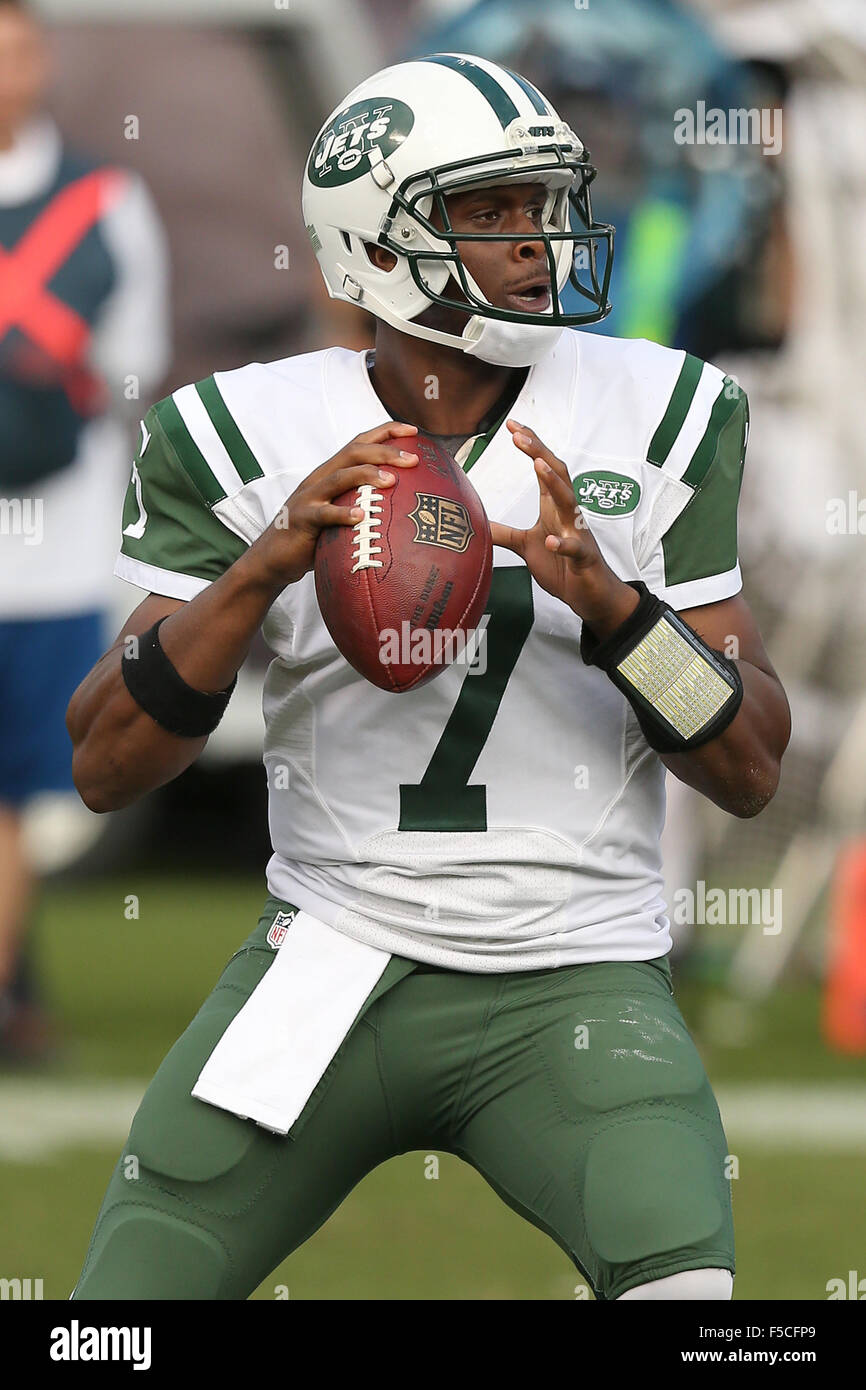 Oakland, CA. 01 Nov, 2015. New York getti quarterback Geno Smith durante l'azione in un gioco di NFL con Oakland Raiders a O.co Coliseum di Oakland, CA. I raider hanno vinto 34-20. © csm/Alamy Live News Foto Stock