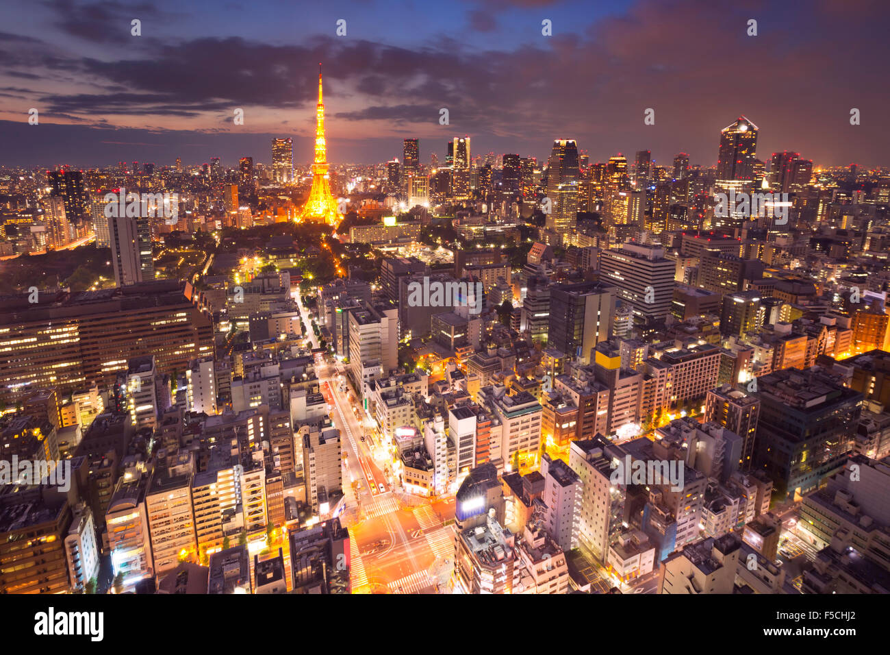 Lo skyline di Tokyo in Giappone con la Tokyo Tower fotografata al crepuscolo. Foto Stock