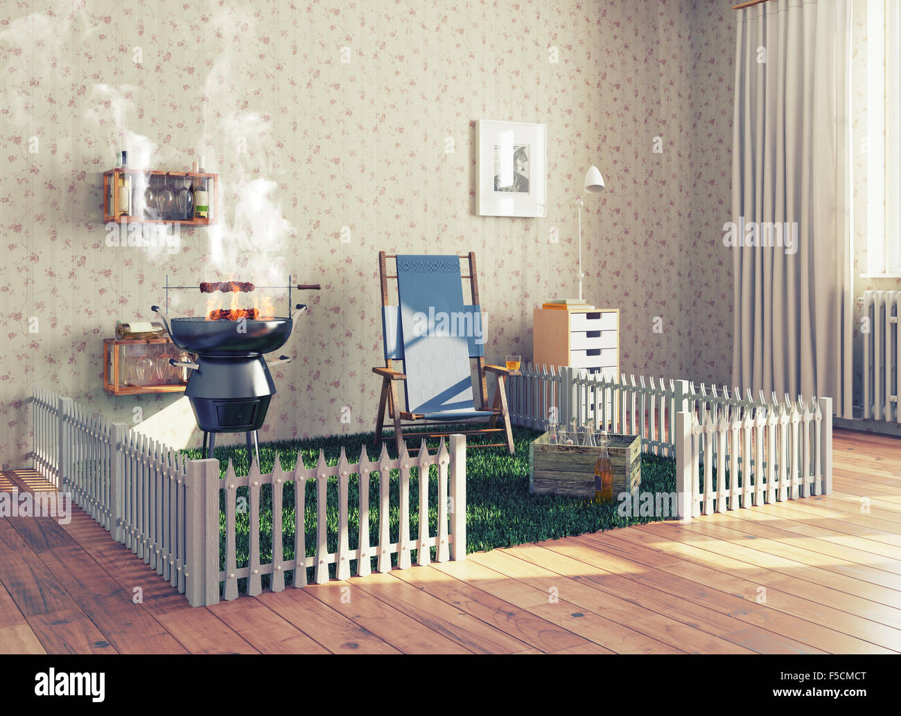 Barbecue in un salotto. 3d concetto creativo Foto Stock