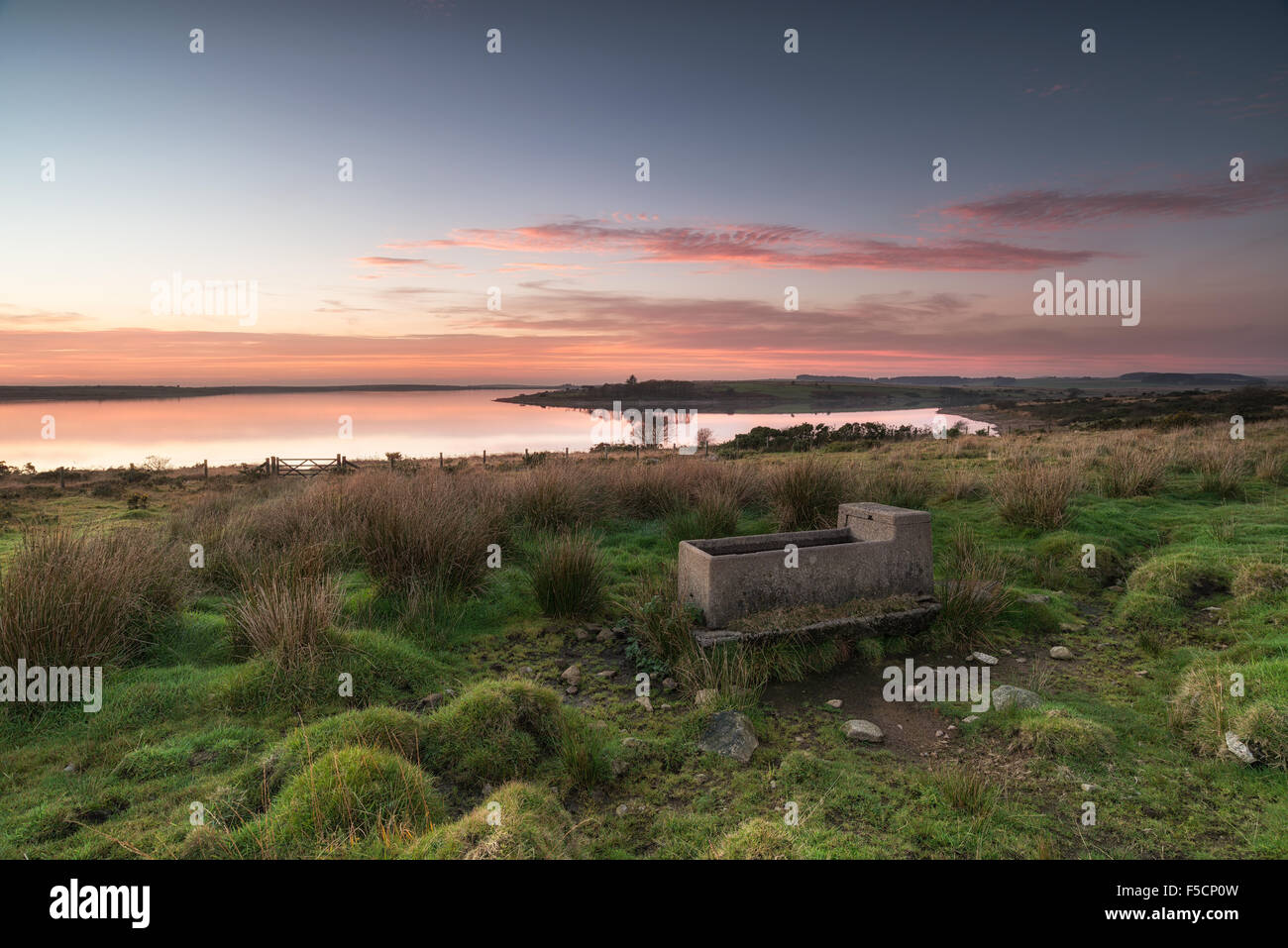 Una pietra trogolo di bestiame al tramonto in un campo da un lago a Bodmin Moor in Cornovaglia Foto Stock