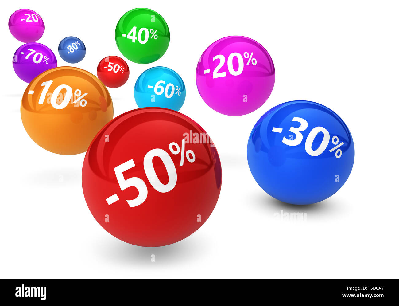Vendita Shopping, riduzione, sconti e il concetto di promo con colorate sfere che rimbalza e segno di percentuale su sfondo bianco. Foto Stock