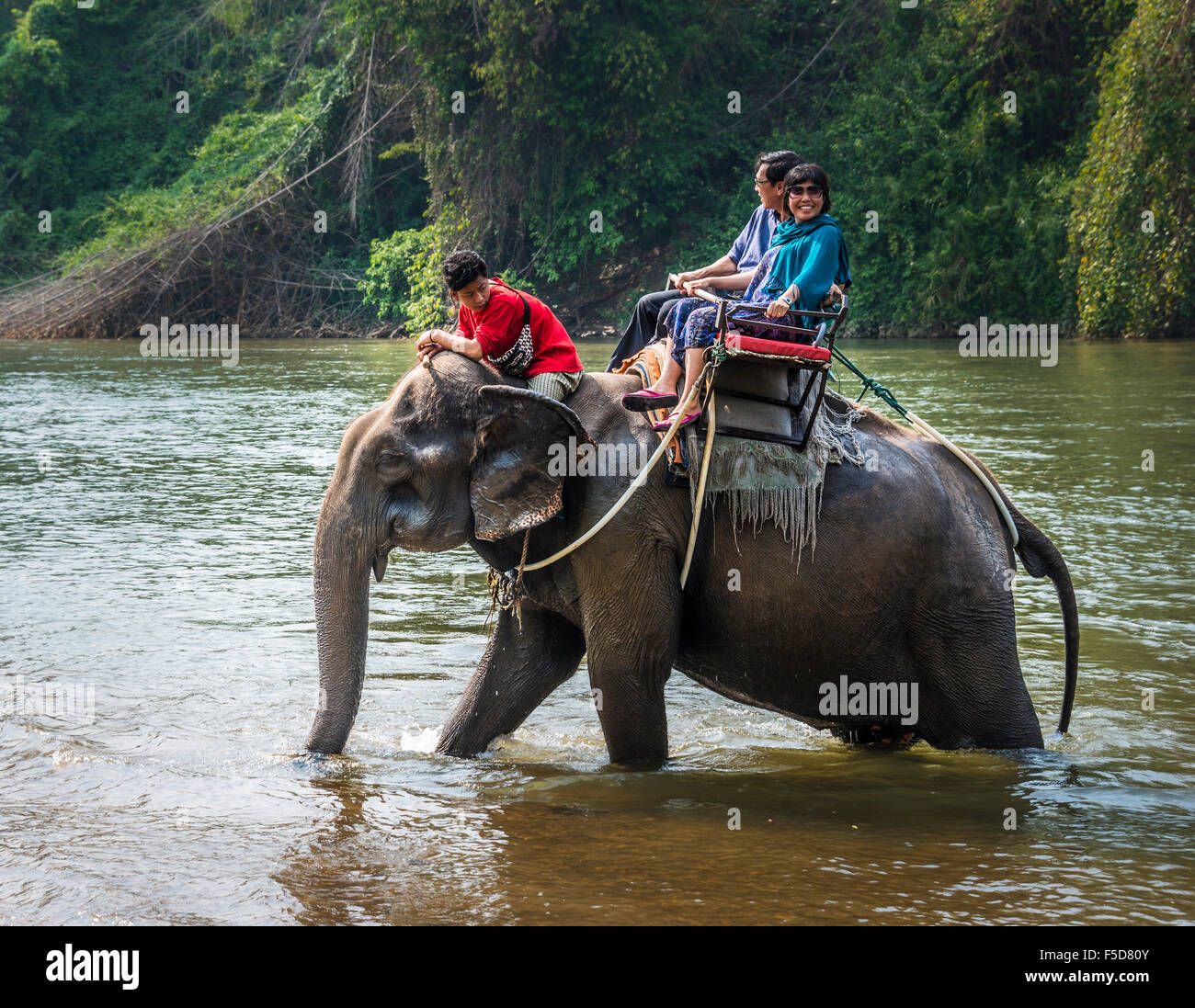 Due turisti equitazione elefante in acqua con mahout , la Provincia di Kanchanaburi, Tailandia Centrale, Thailandia Foto Stock