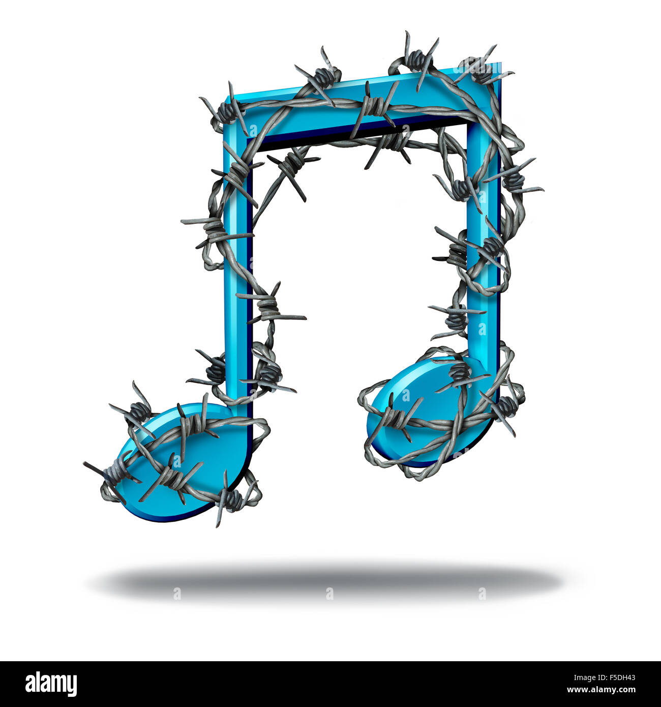 Musica il concetto di restrizione come una nota musicale avvolto con sharp barb o filo spinato come una metafora per il controllo parentale o del divieto di brani o di protezione dei diritti digitali di contenuti audio e limitazione del rumore di controllo. Foto Stock