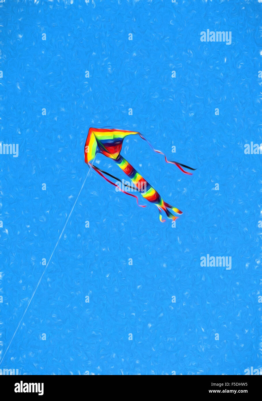 Colorata giallo blu e rosso aquilone vola alto contro il cielo vibrante linee di liquido Foto Stock