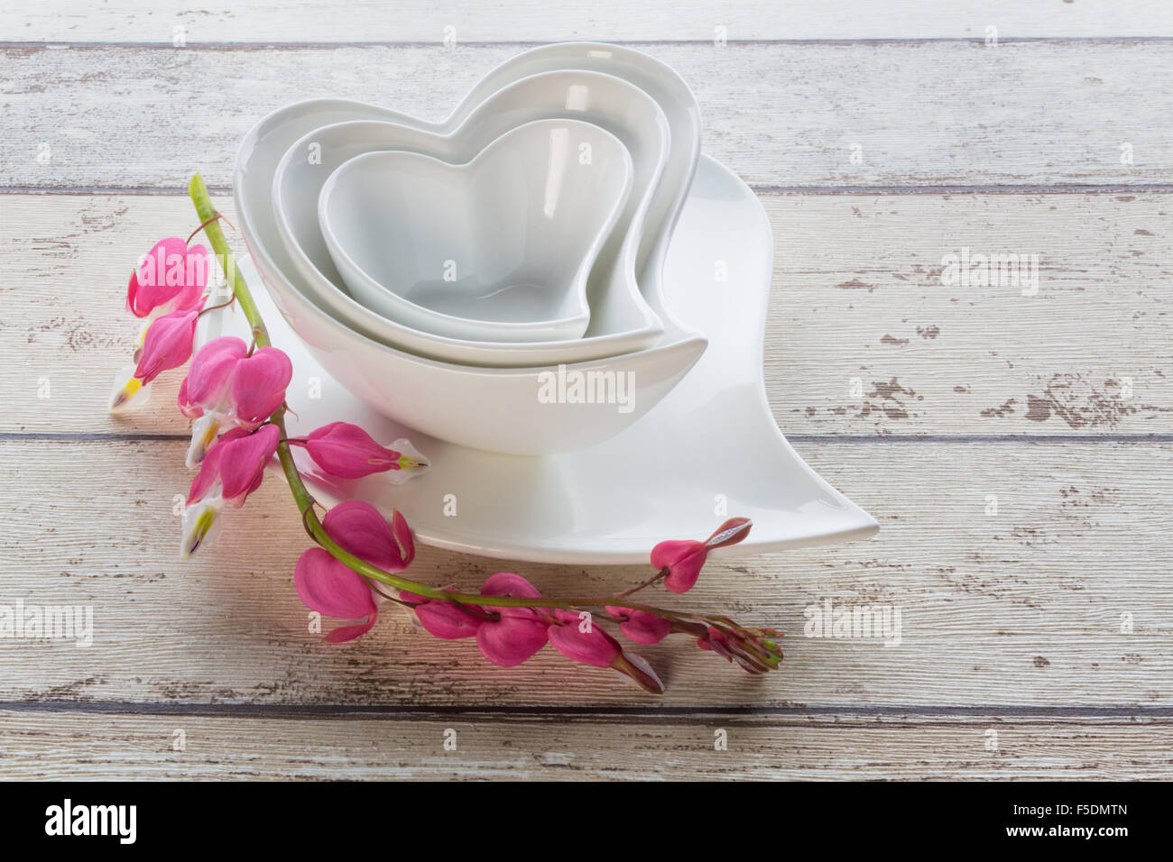 Un Nido di bianco a camma a forma di cuore piatti in ceramica su di una  corrispondente piastra con uno spruzzo di un bel colore rosa cuore di  spurgo fiori Foto stock 