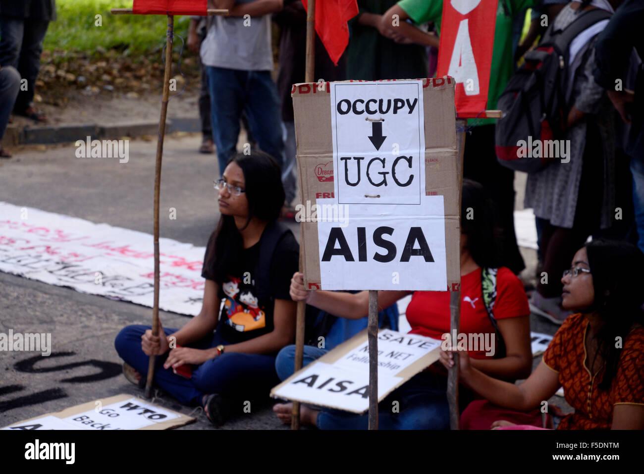 Kolkata, India. 02Nov, 2015. Sinistra studenti e ricercatori protestano contro l'Università Sovvenzioni della Commissione (UGC) sulla recente decisione di rottami la non ammissibilità nazionali test (NET) stipendi in UGC centro regionale a Salt Lake. Credito: Saikat Paolo/Pacific Press/Alamy Live News Foto Stock