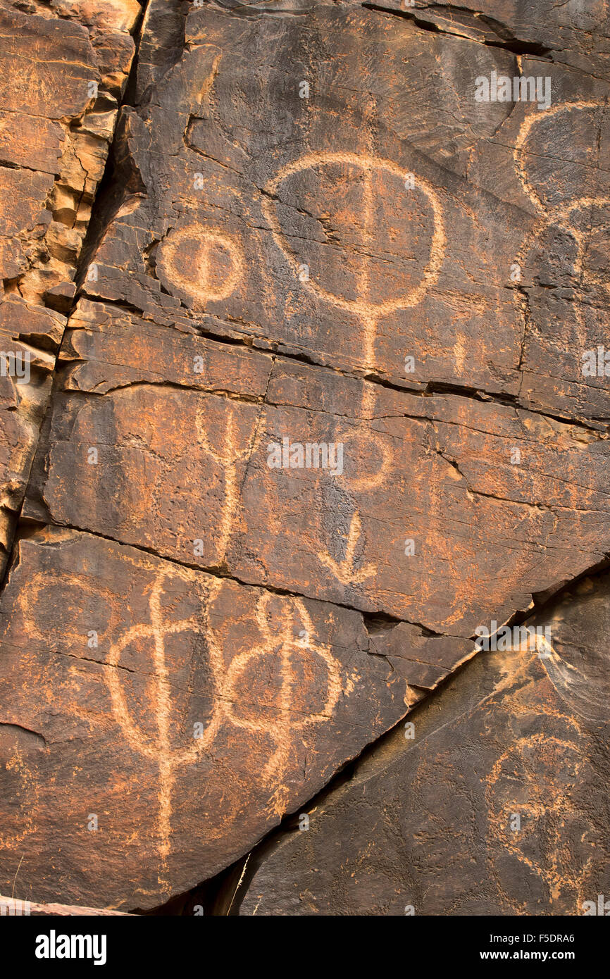 Antica arte rupestre degli Aborigeni le sculture, i simboli dei riti di iniziazione, su red muri in pietra, Mount Chambers Gorge in Flinders Ranges in outback Australia Foto Stock