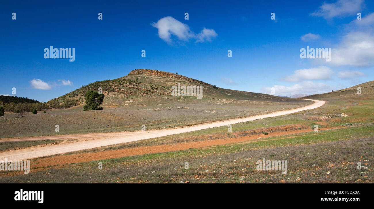 Vista panoramica di Long road, brullo paesaggio pietroso e colline di Flinders Ranges National Park sotto il cielo blu in outback Australia del Sud Foto Stock