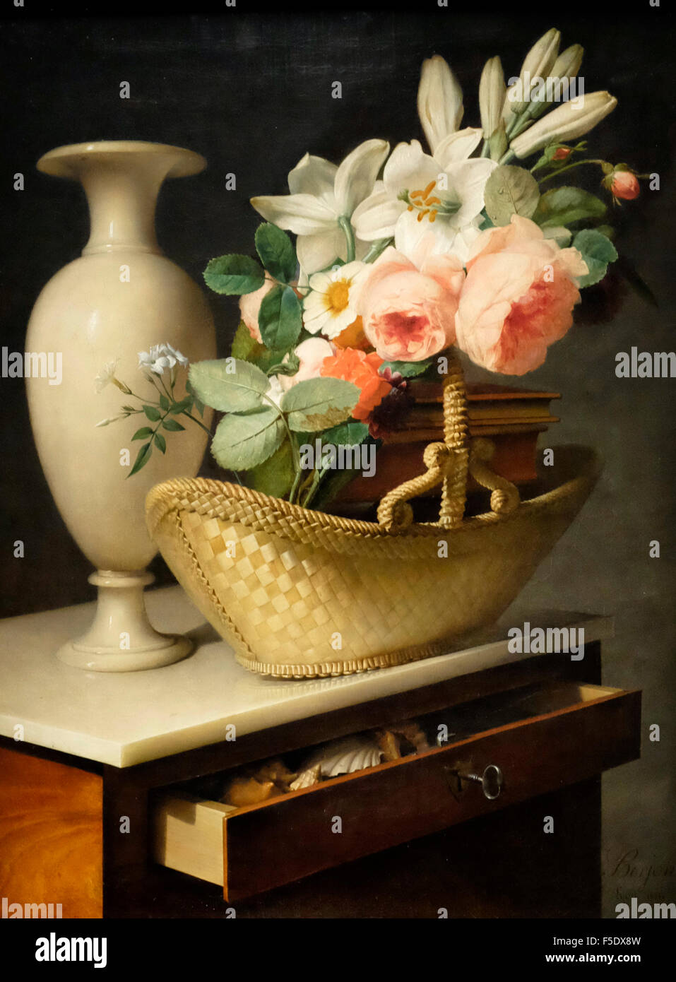 Bouquet di gigli e rose in un cesto su un Chiffonier - Antoine Berjon 1814 Foto Stock