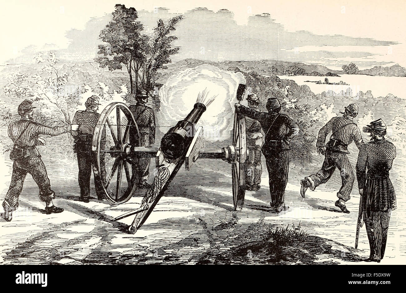 Sgusciatura di cavalleria confederati attraverso il fiume Potomac da altezze di Great Falls, da grandi West, di Campbell's Pennsylvania artiglieria, Ottobre 4th, 1861. USA LA GUERRA CIVILE Foto Stock