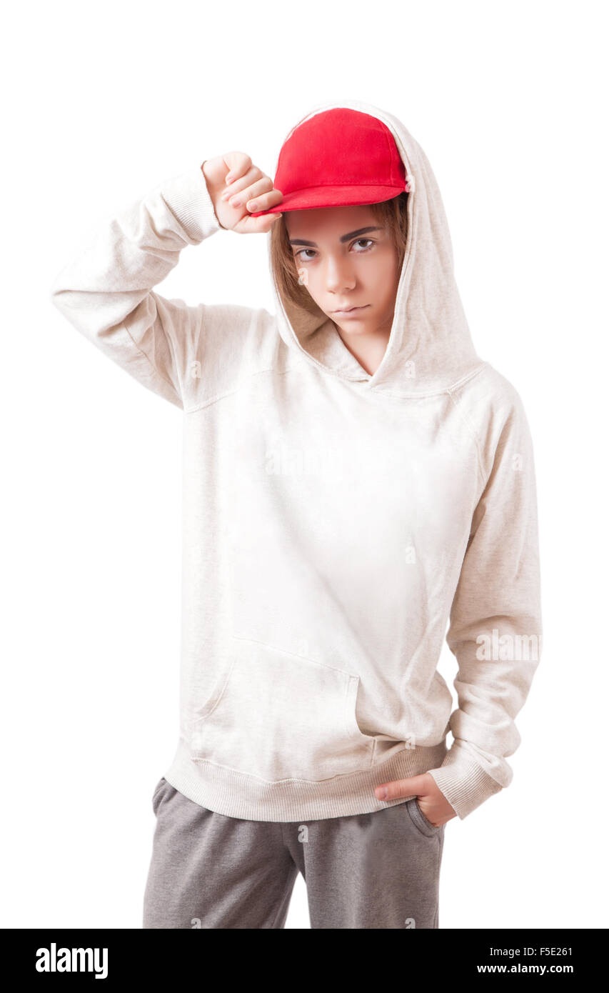 Adolescente in un cappuccio rosso e abbigliamento sportivo Foto Stock