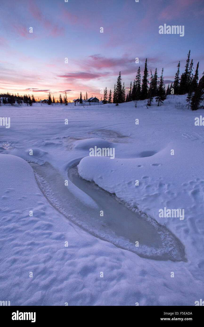 Il cielo diventa rosa all'alba, Rorvik, Borgefjell National Park, il Trondelag, Norvegia, Scandinavia, Europa Foto Stock