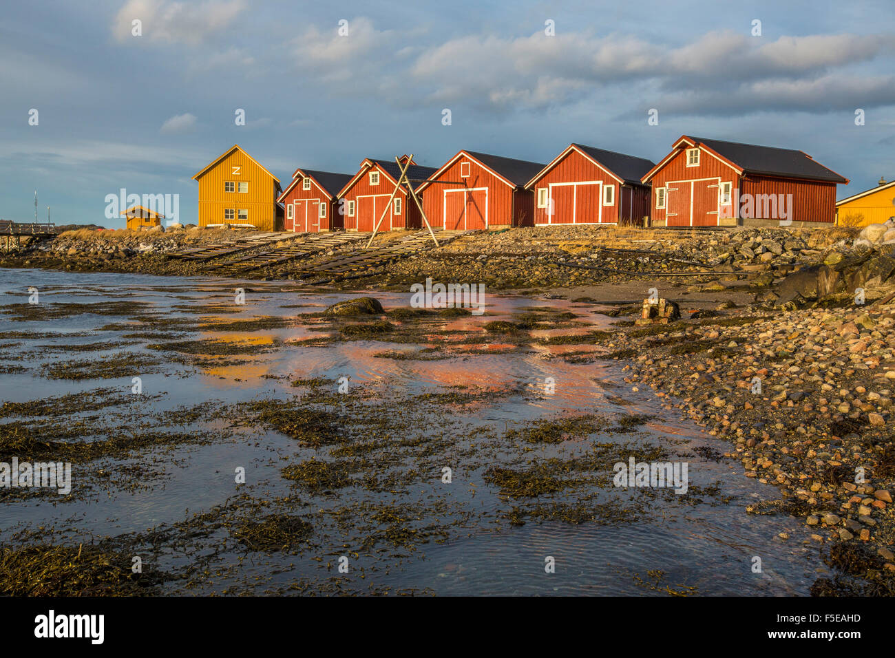 I colori dell'alba illumina le case dei pescatori, Flatanger, il Trondelag, Norvegia, Scandinavia, Europa Foto Stock