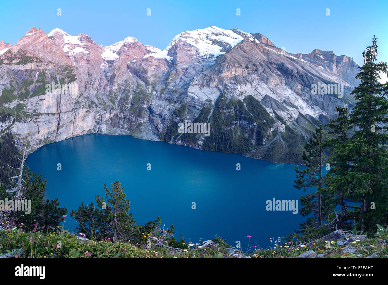 Vista estiva del Lago Oeschinensee, Oberland bernese, Kandersteg, cantone di Berna, Svizzera, Europa Foto Stock
