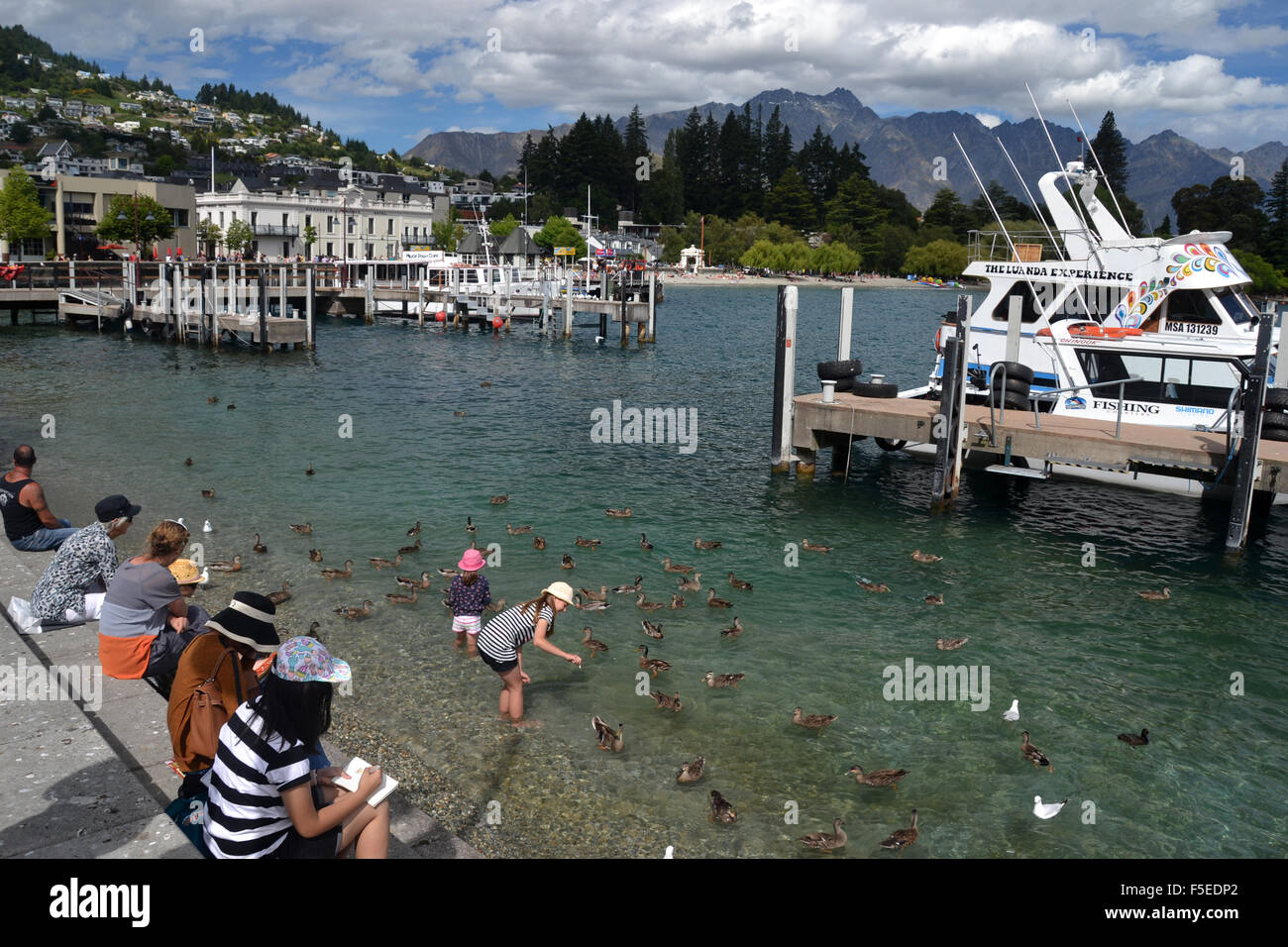 Persone alimentare gli uccelli sul lago Wakatipu, Queenstown, Isola del Sud, Nuova Zelanda Foto Stock