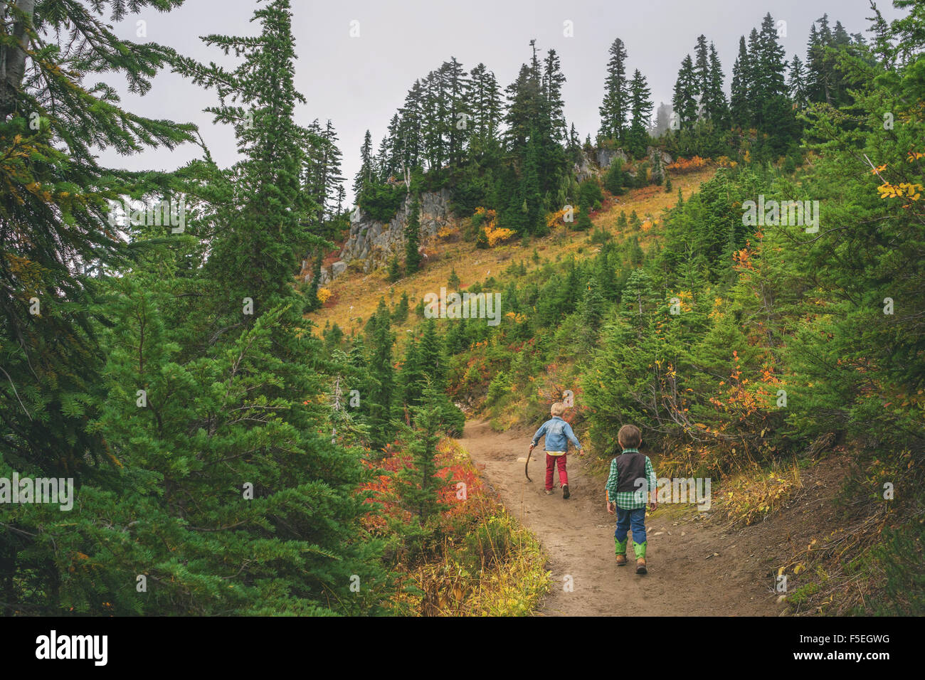 Due ragazzi a piedi lungo il sentiero di montagna Foto Stock