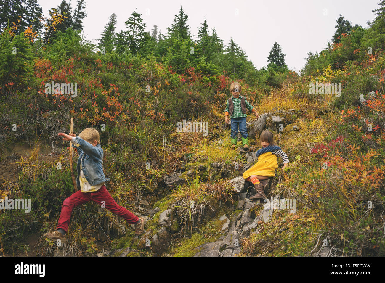 Tre bambini a piedi verso il basso una montagna Foto Stock