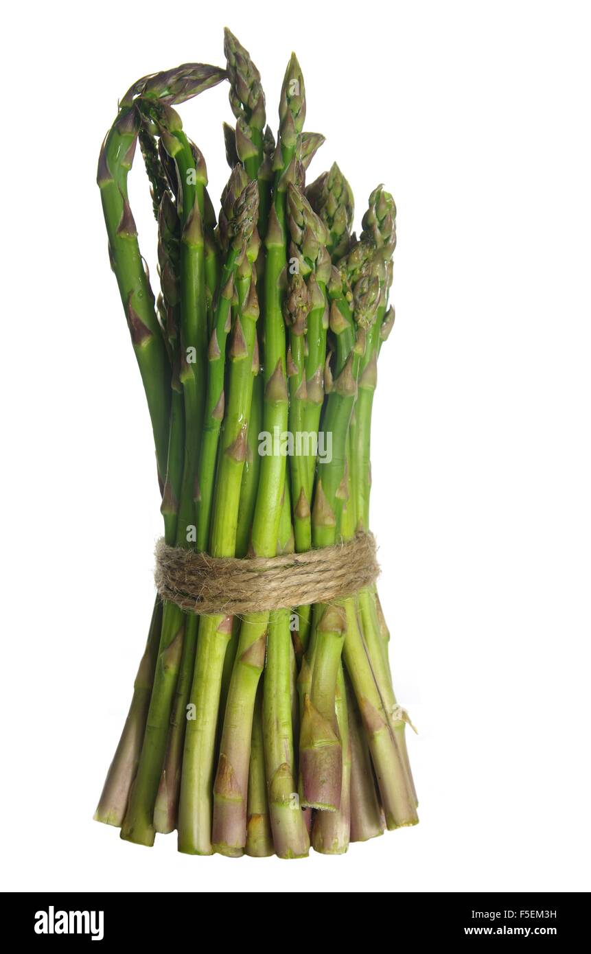 Bundle di asparagi verdi su sfondo bianco Foto Stock