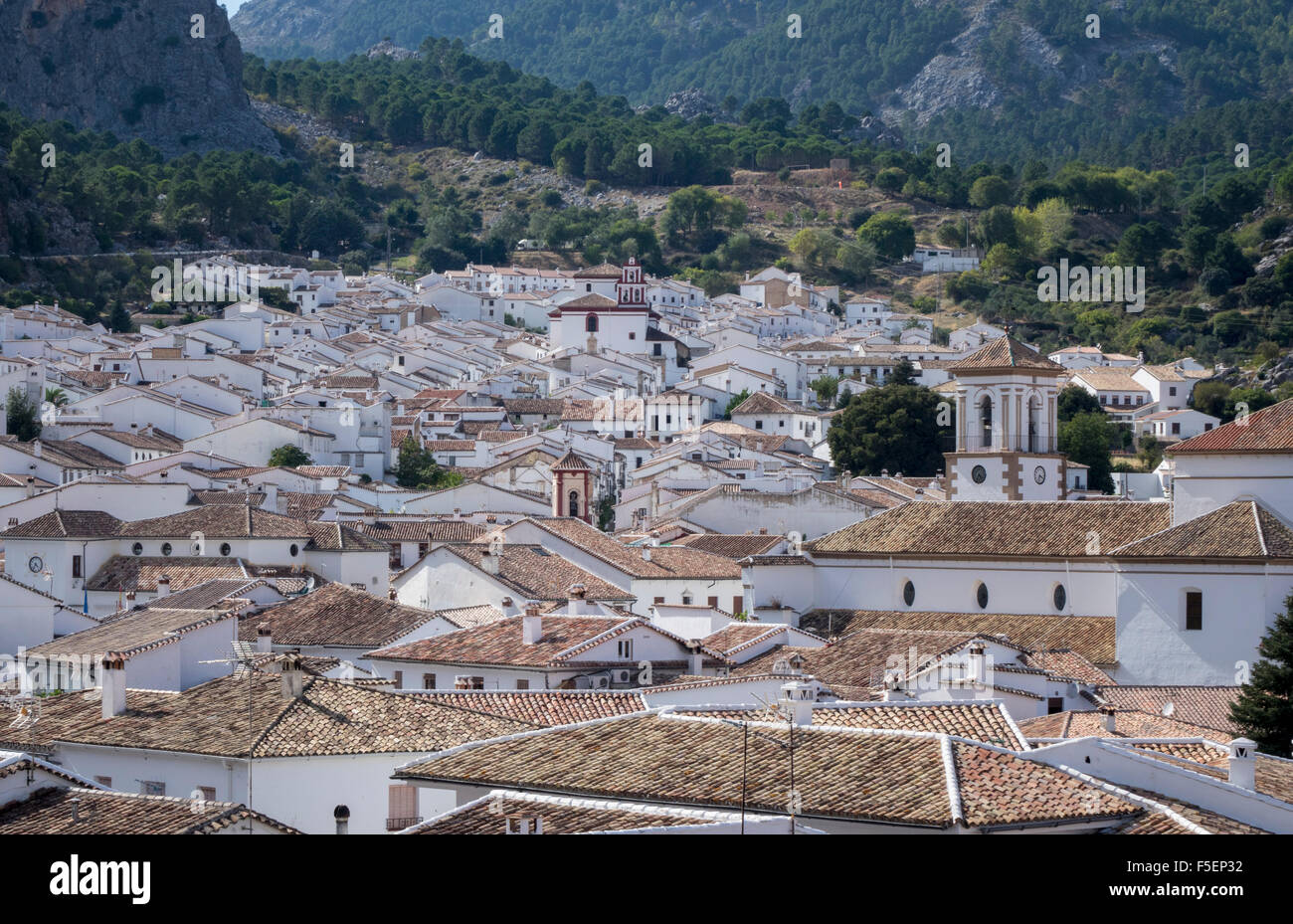 Bianco case dipinte e tetto di tegole della famosa città sulla collina di Grazalema nella regione di Cadice, Andalusia, Spagna Foto Stock