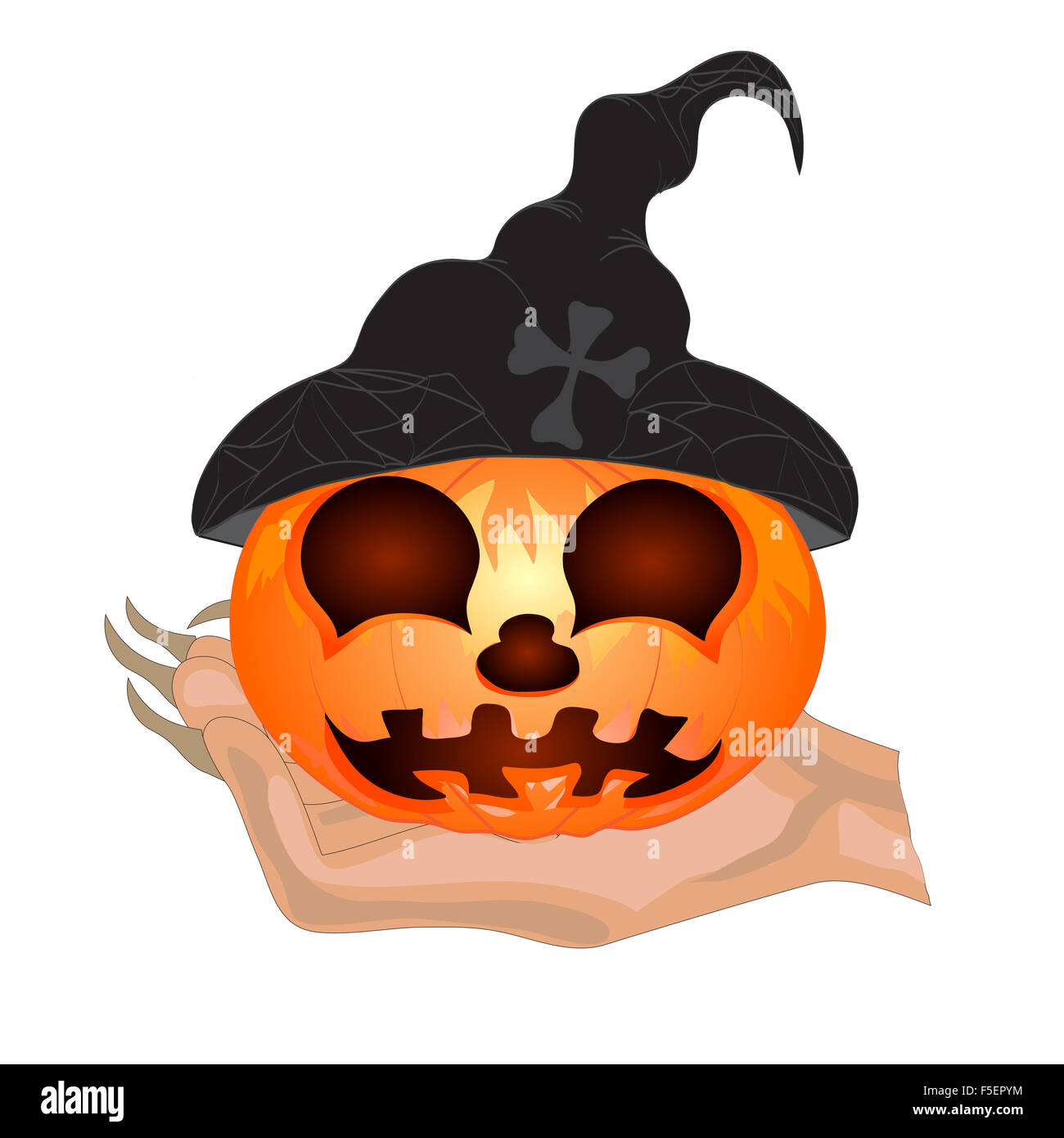 Terribile zucca su una mano alla strega.halloween. illustrazione vettoriale Foto Stock