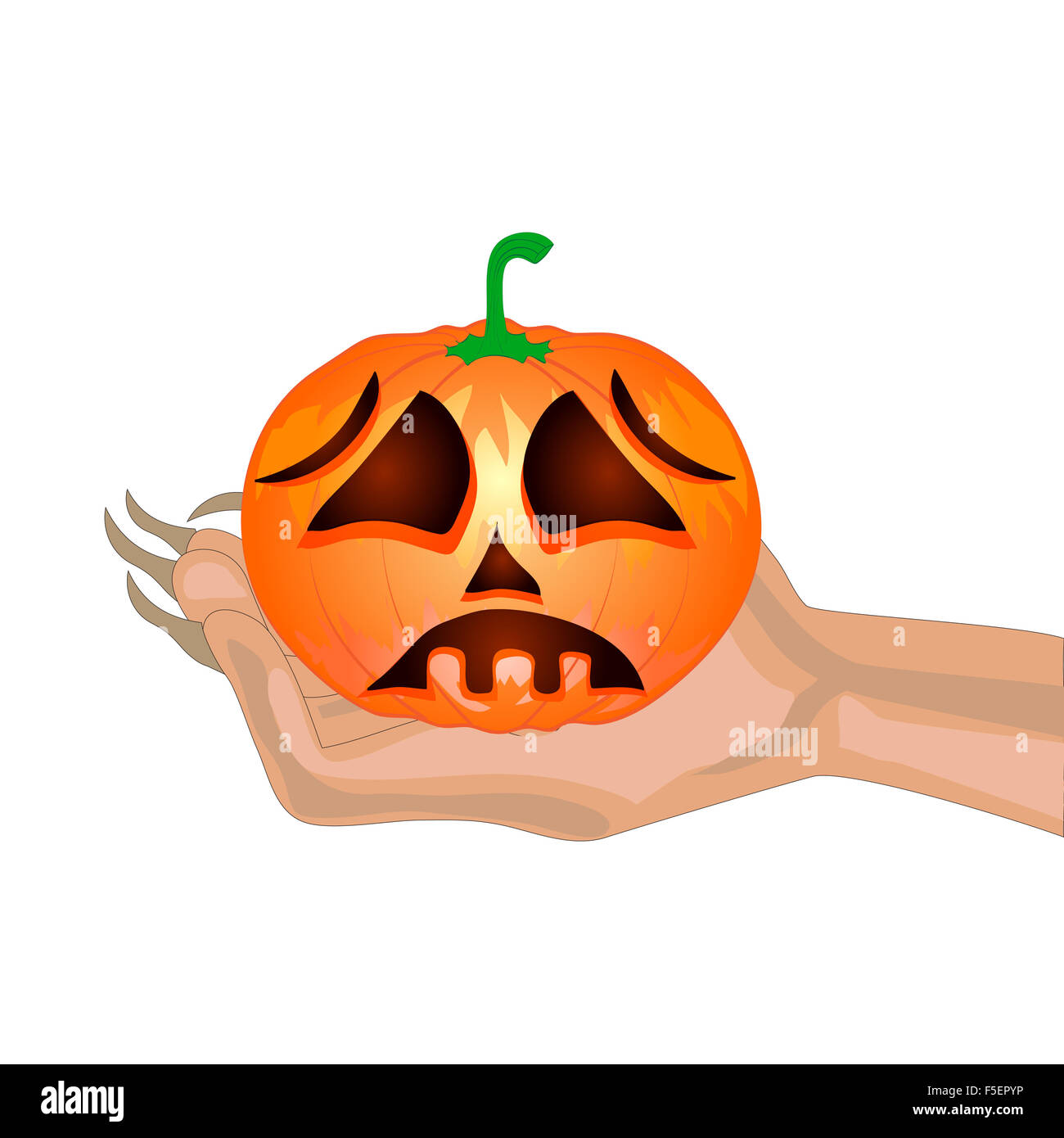 Terribile zucca su una mano alla strega.halloween. illustrazione vettoriale Foto Stock