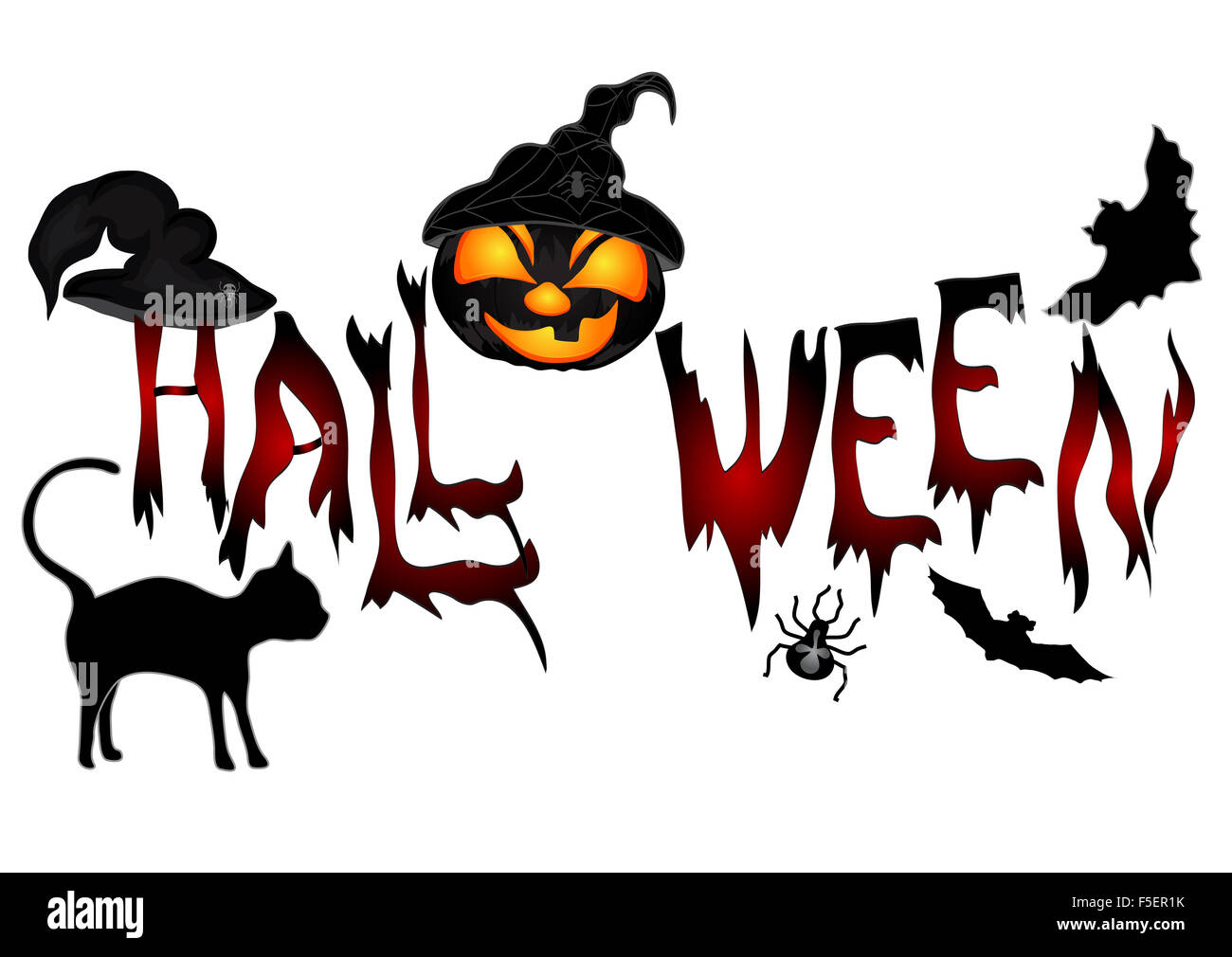 Banner di halloween .bella iscrizione halloween con un gatto, zucca e battenti topi. vettore Foto Stock