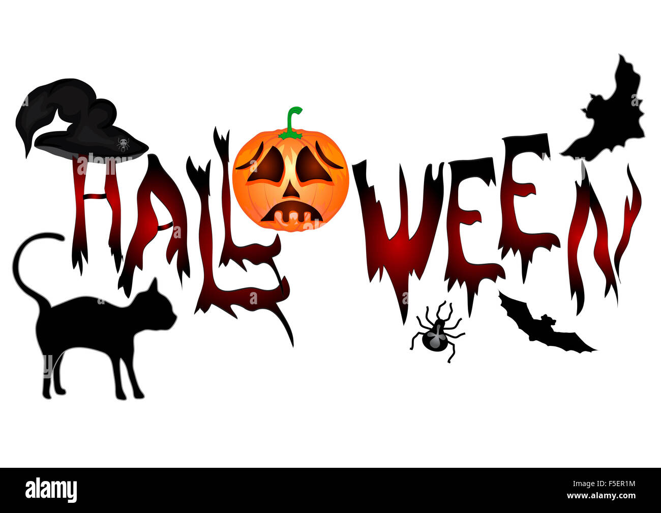 Banner di halloween .bella iscrizione halloween con un gatto, zucca e battenti topi. vettore Foto Stock
