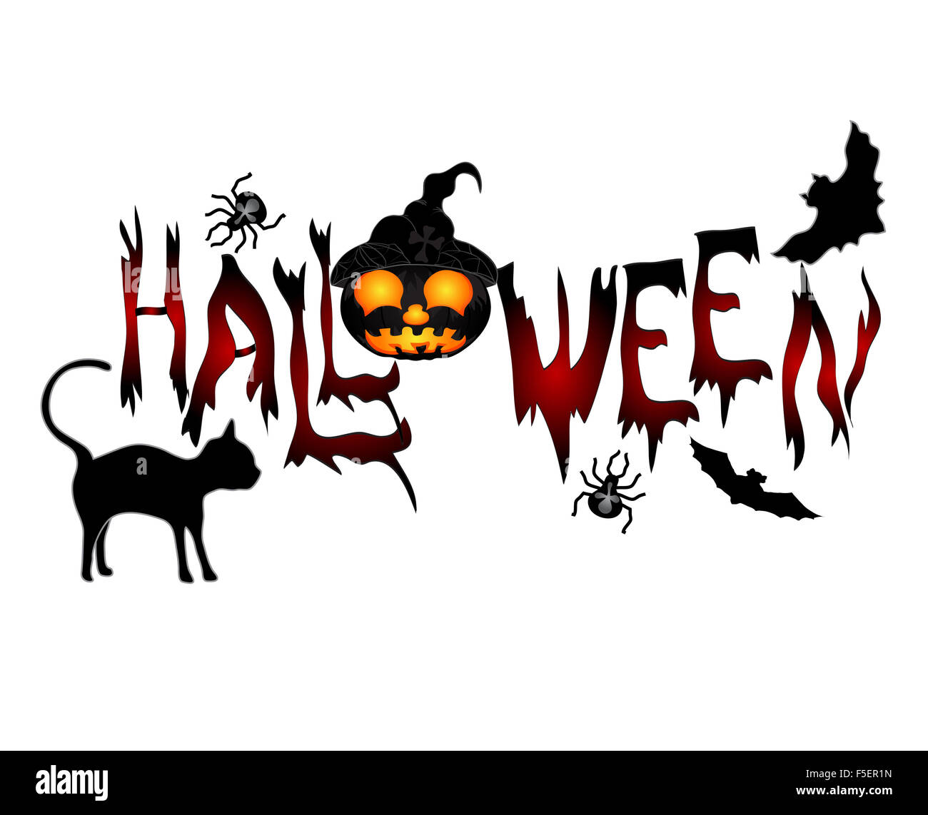 Banner di halloween .bella iscrizione halloween con un gatto, zucca e battenti topi. vettore Foto Stock