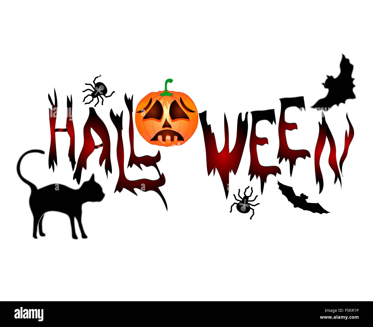 Banner di halloween .bella iscrizione halloween con un gatto, zucca e battenti topi. vettore Foto Stock