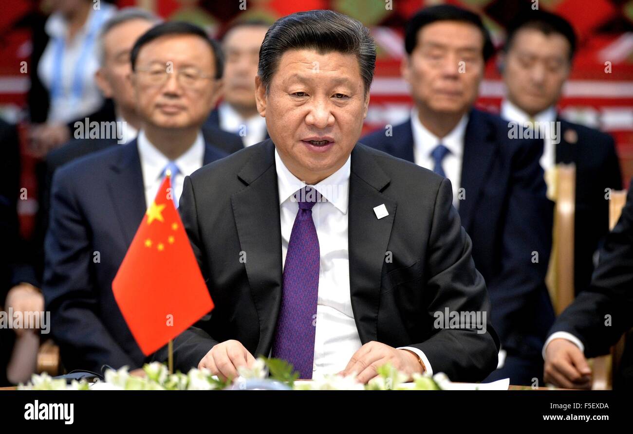 Il presidente cinese Xi Jinping durante l'Organizzazione per la cooperazione di Shanghai Summit di luglio 10, 2015 a Ufa, Repubblica del Bashkortostan, Russia. Foto Stock