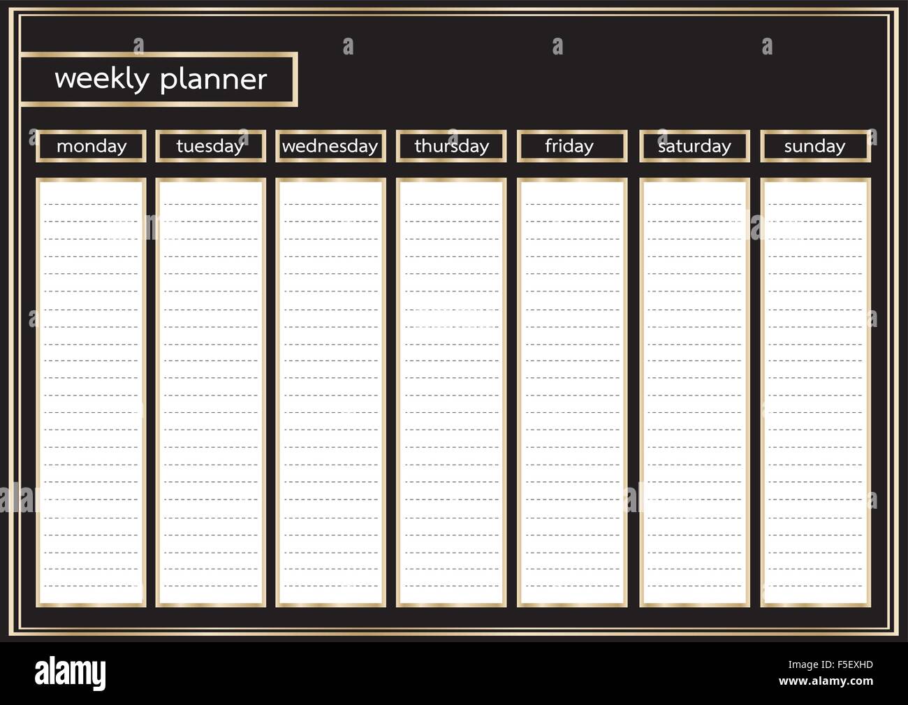 Planner settimanale oro metallizzato e nero orizzontale del telaio Illustrazione Vettoriale