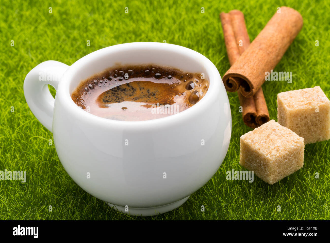 Caffè caldo e coppa bastoncini di cannella con cubetti marrone zucchero di canna sull'erba verde. Foto Stock