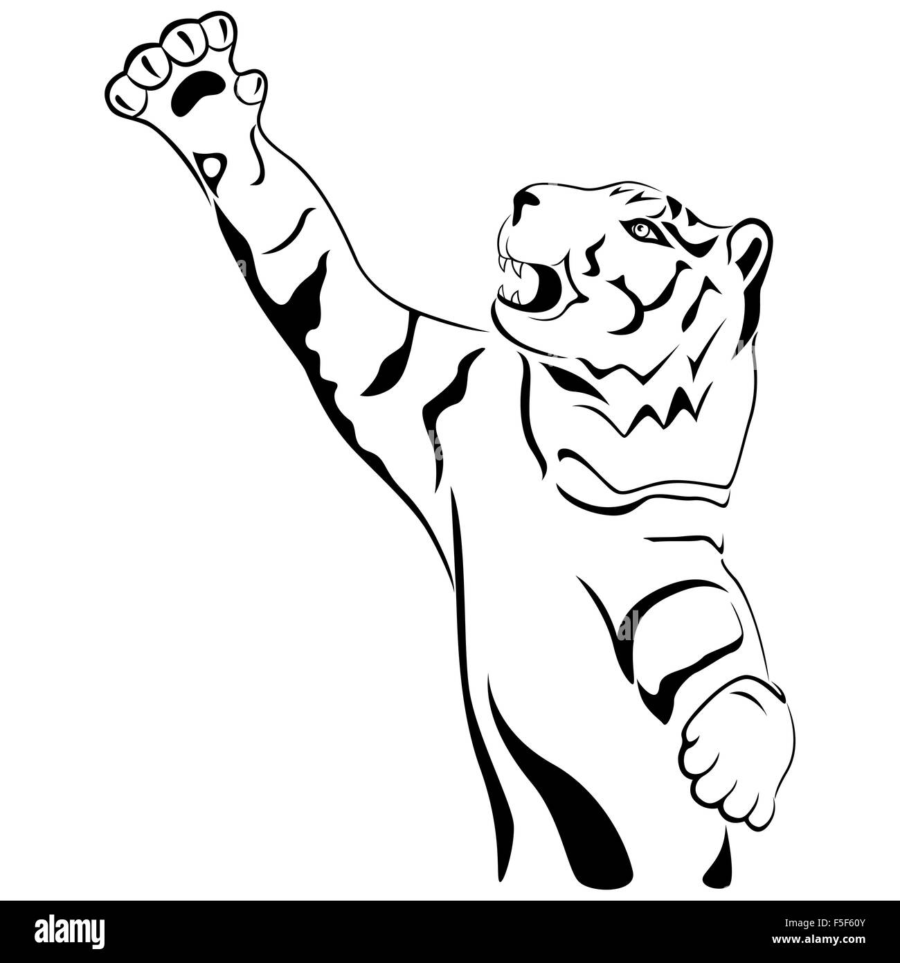 Adulto tiger con la sua zampata tenuto alto, del disegno a mano cartoon contorno vettore isolato su uno sfondo bianco Illustrazione Vettoriale