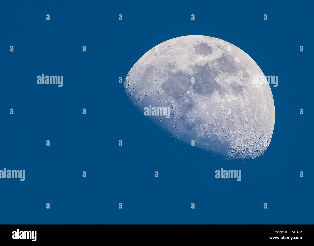 Waxing gibbous moon. Le foto scattate durante le ore di luce diurna fornendo un cielo blu scuro dello sfondo. Foto Stock