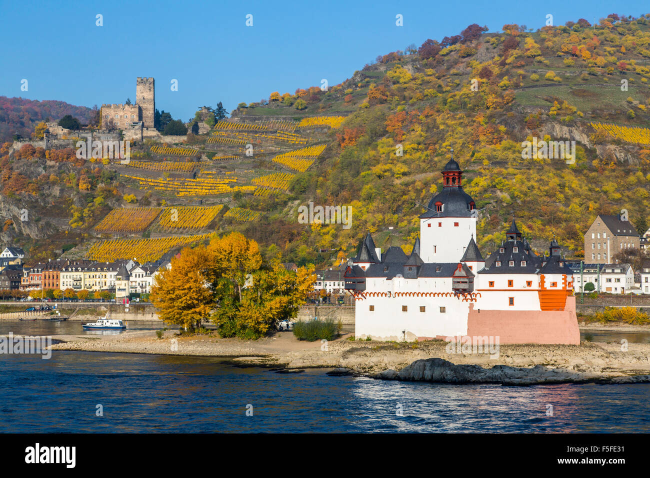 Burg castello Pfalzgrafenstein, valle del Reno superiore e centrale, Germania, vicino a Kaub, Gutenfels castello nel retro, vigneti in autunno Foto Stock