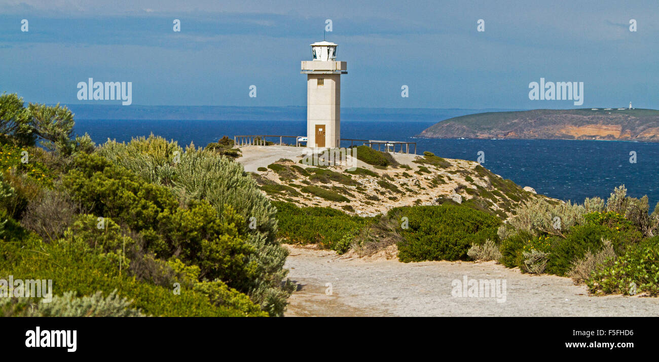 Vista panoramica di Capo Faro Spencer che si eleva al di sopra della vegetazione spazzate dal vento & oceano al cielo blu sulla penisola di Yorke Sud Australia Foto Stock