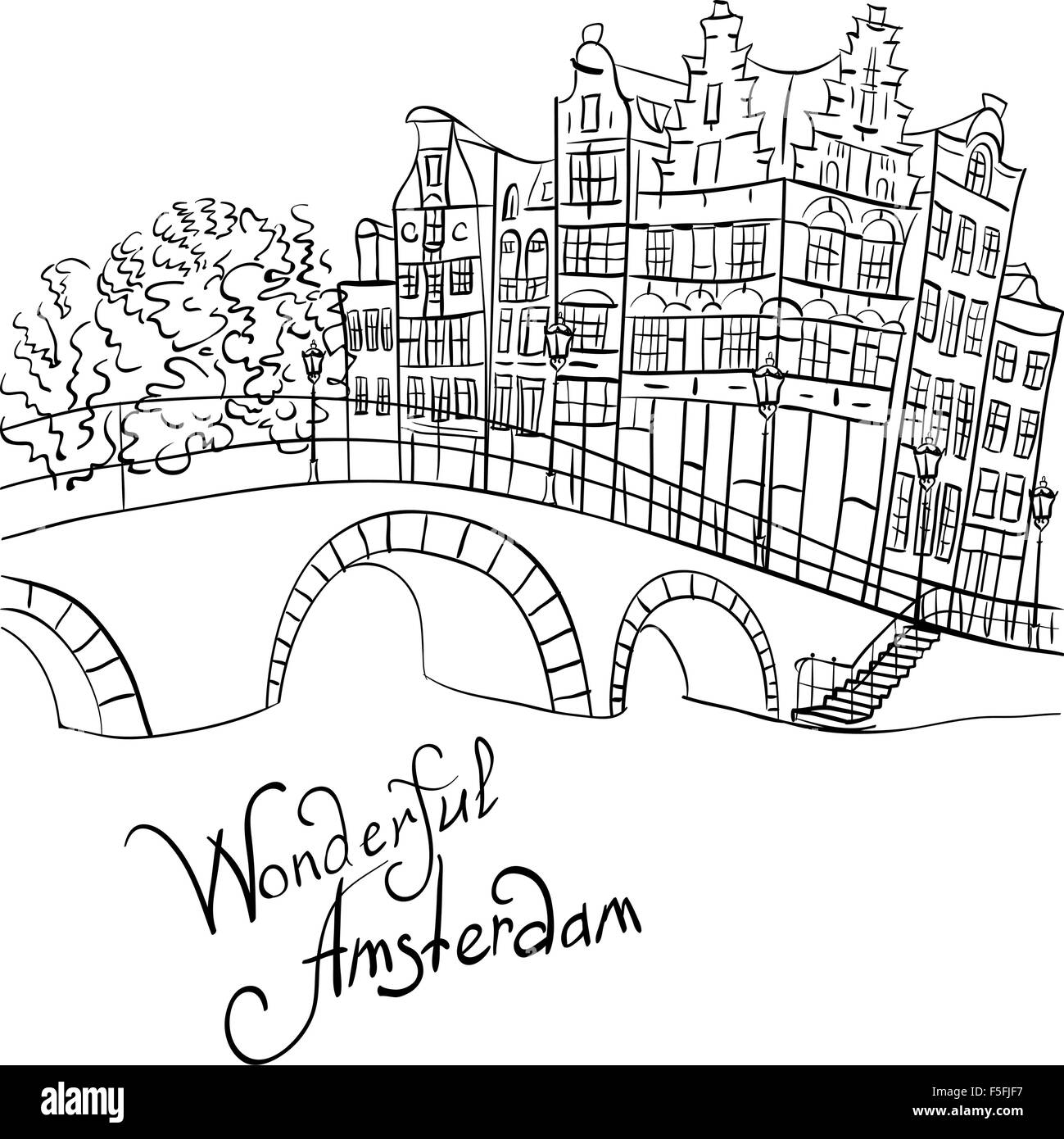 Vettore vista città di Amsterdam canal e ponte Illustrazione Vettoriale