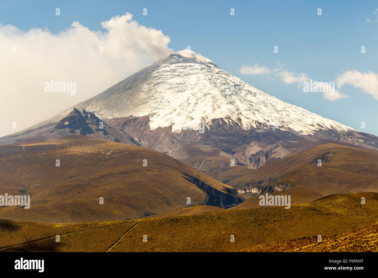 Il Lato Sud del vulcano Cotopaxi durante l eruzione 2015 dei vapori di acqua e soffiaggio di cenere nel cielo Foto Stock
