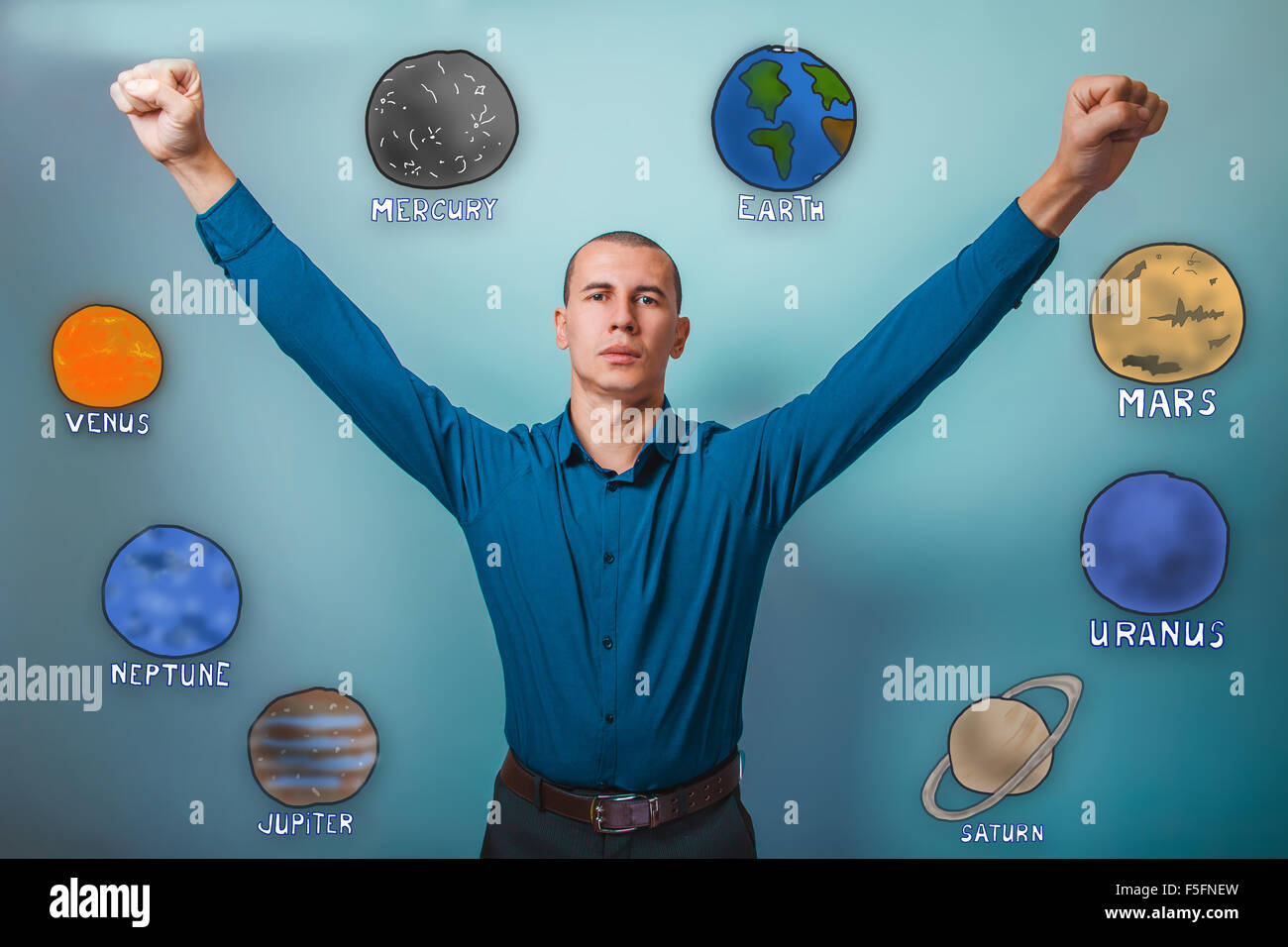 Un Uomo in camicia terrà le sue mani la gioia del pianeta della sola Foto Stock