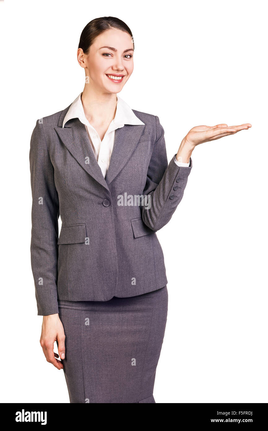 Business donna presente qualcosa di isolato su sfondo bianco. Foto Stock