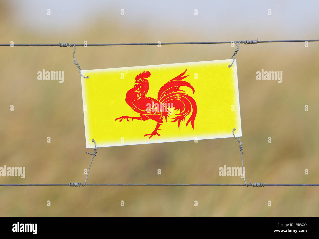 Recinzione di confine - il vecchio segno di plastica con un flag - Vallonia Foto Stock