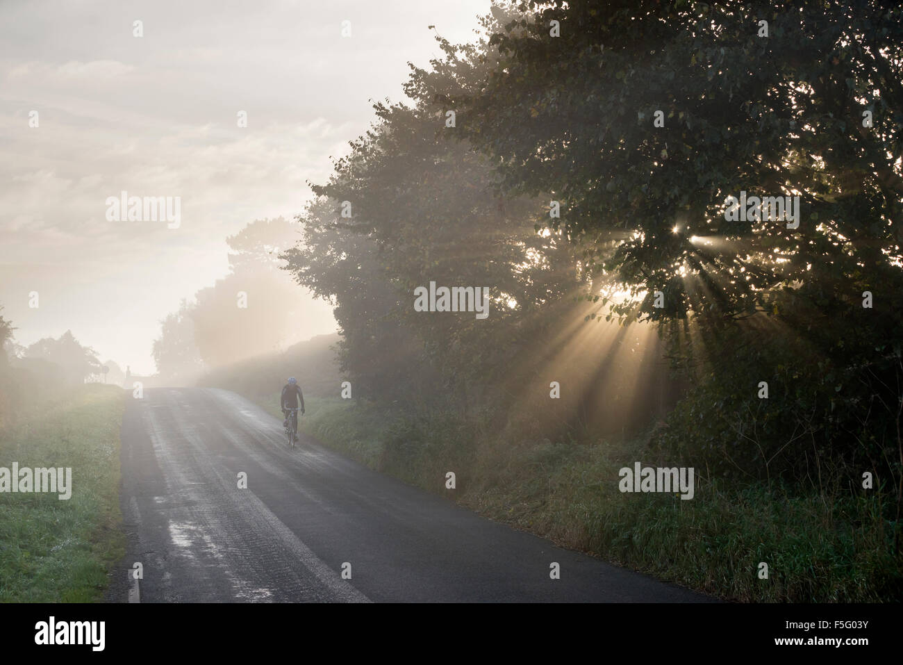 Un ciclista solitario cavalcando attraverso la mattina presto la nebbia in North Yorkshire. Foto Stock