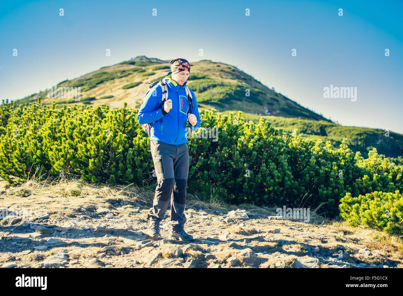 L'uomo escursionista trekking in montagna Foto Stock
