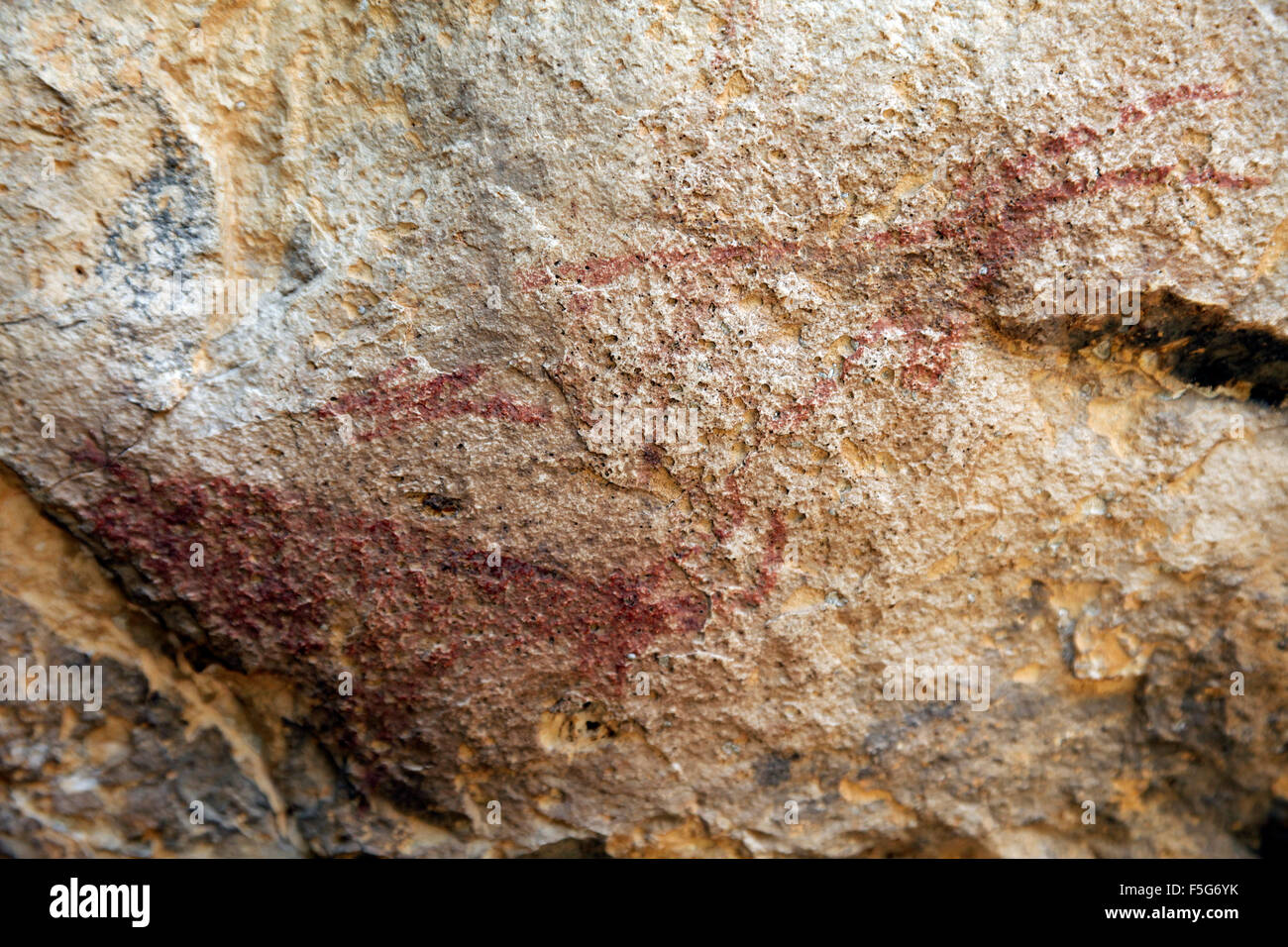 Pitture preistoriche nella grotta Portell de les Lletres, vicino a Montblanc, Tarragona Catalogna. Patrimonio Mondiale UNESCO sit Foto Stock