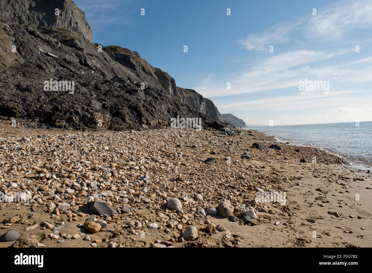 Charmouth sulla spiaggia di Jurassic Coast di Dorset con recenti roccia cade di cuscinetto fossili lias blu o mudstone Foto Stock