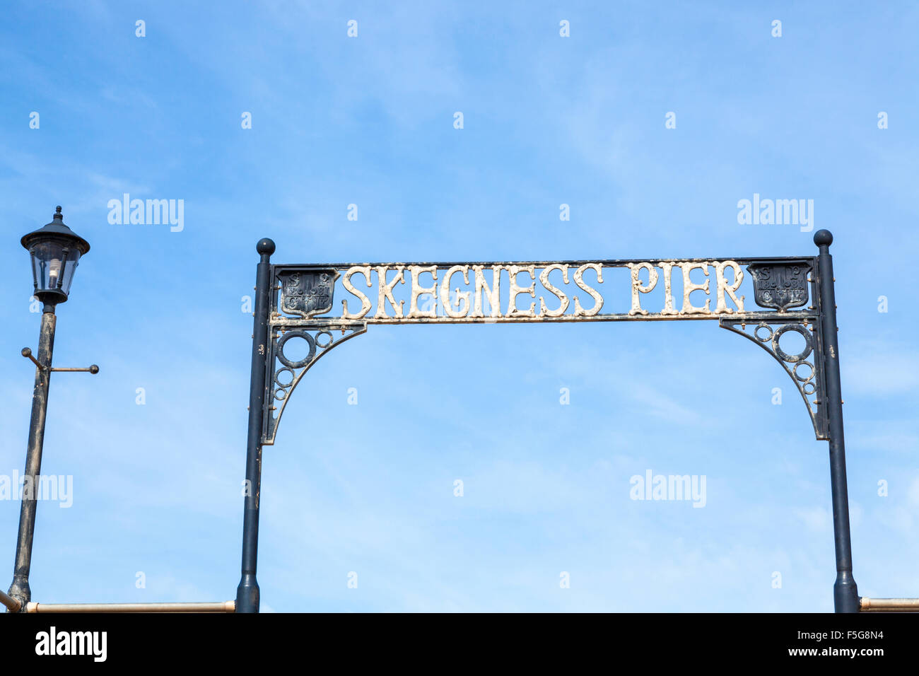 Skegness Pier segno, Lincolnshire, England, Regno Unito Foto Stock
