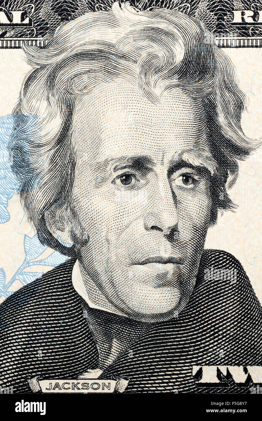 Ritratto di Andrew Jackson su venti dollari Foto Stock