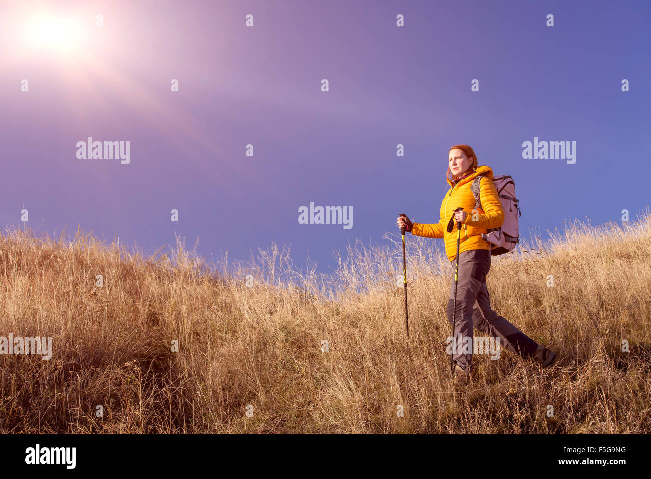 Escursionista femmina camminando sulla collina erbosa Foto Stock