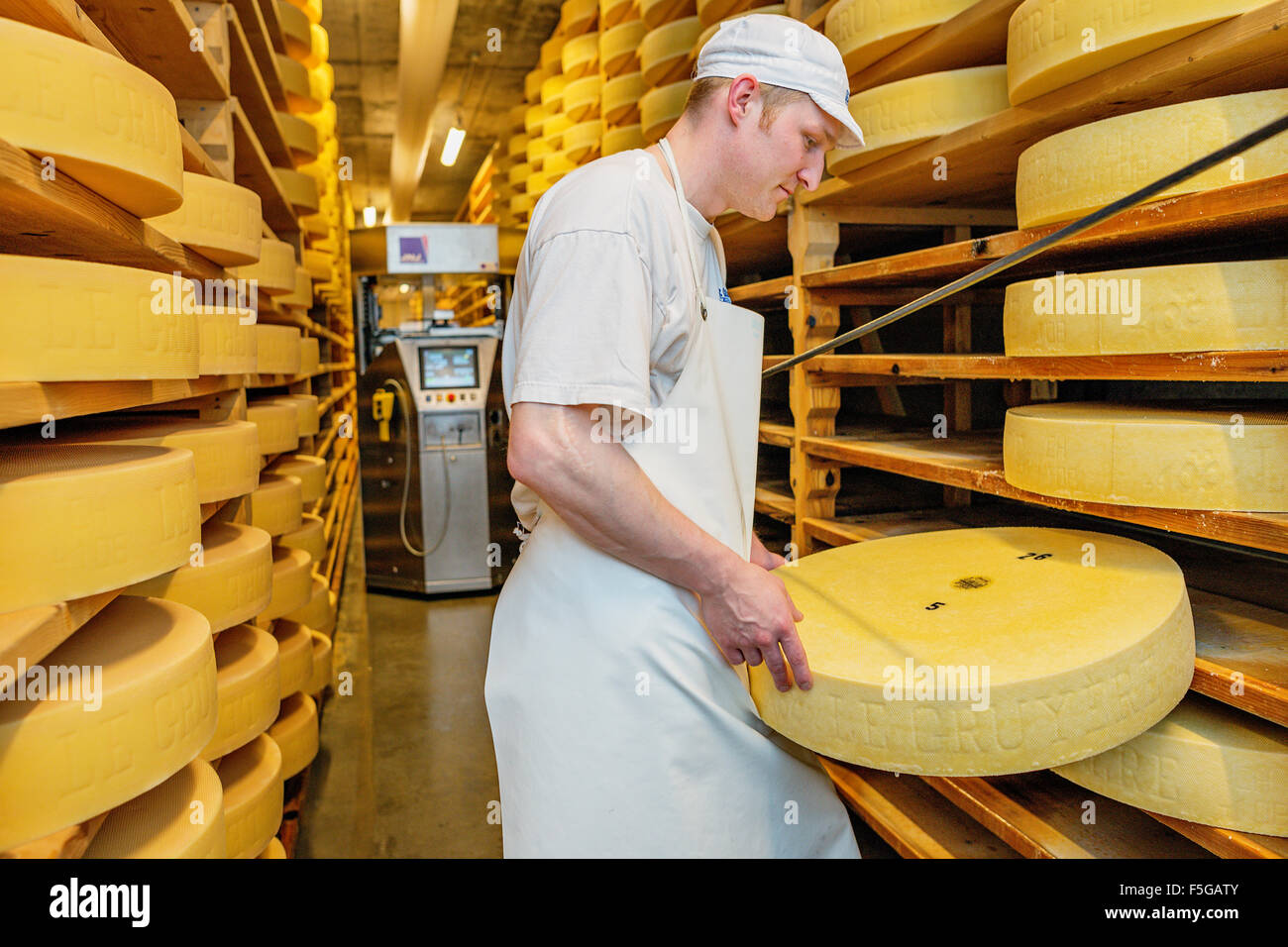 Formaggio ruote essendo maturata in una cantina in una fabbrica di formaggio nel villaggio di Echarlens. Il Gruyère, Svizzera. Foto Stock