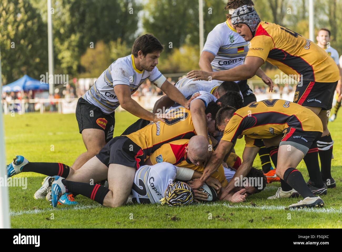 La Rochelle rigature provare, amichevole partita di rugby, Germania contro La Rochelle, Fritz-Grunebaum-Sportpark, Heidelberg Foto Stock